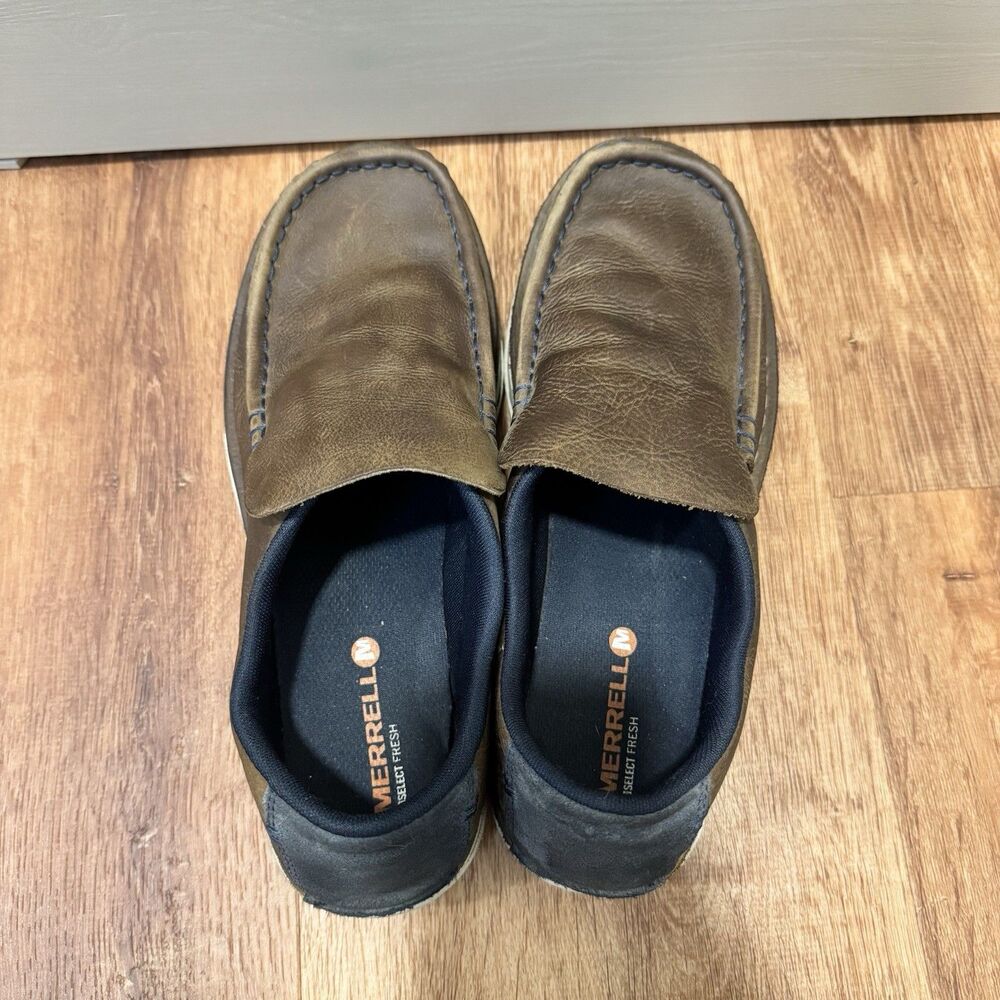 Merrell Men's 9.5 Brown Leather Slip On Low Top Bask Moc Toe Loafers Brindle - Picture 7 of 9